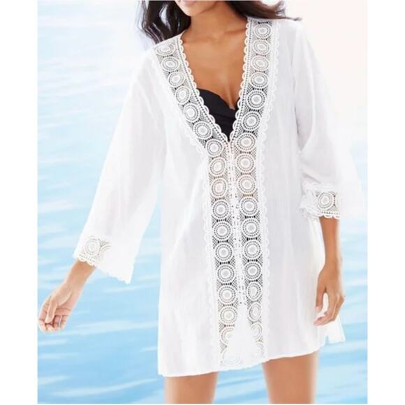 Solitaire Swim White Crochet Boho Beach Swimsuit Cover Up size Medium - Picture 2 of 10